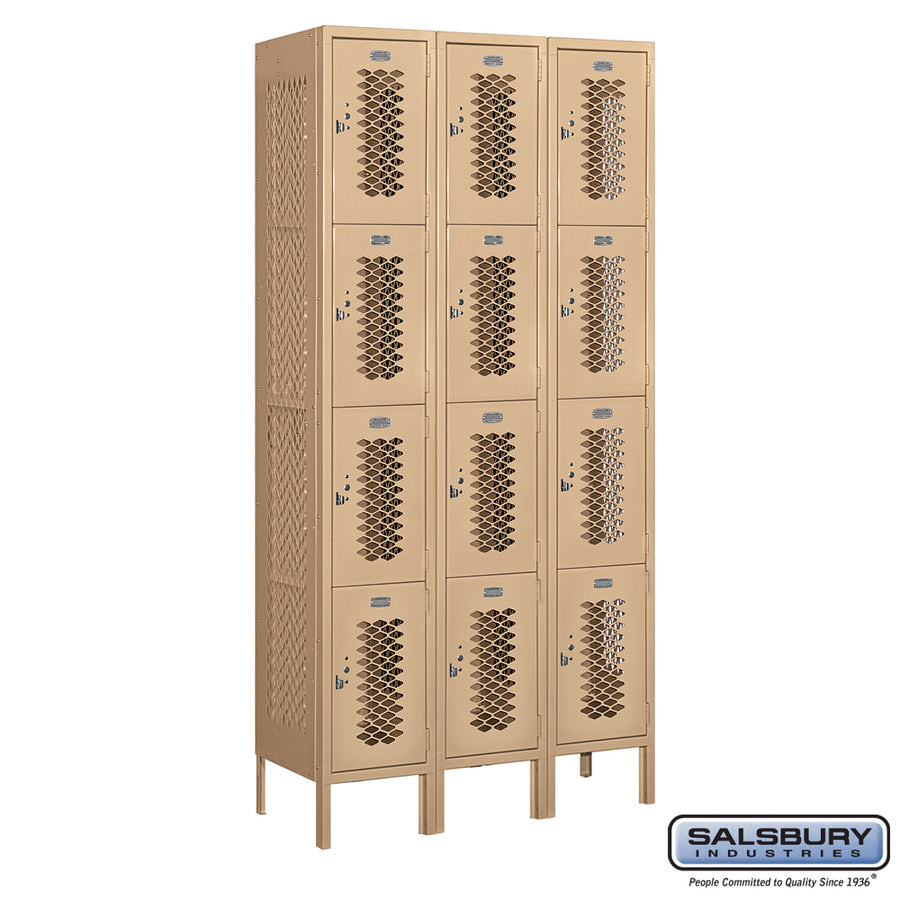 12" Wide Four Tier Vented Metal Locker - 3 Wide - 6 Feet High - 15 Inches Deep - Tan - Assembled