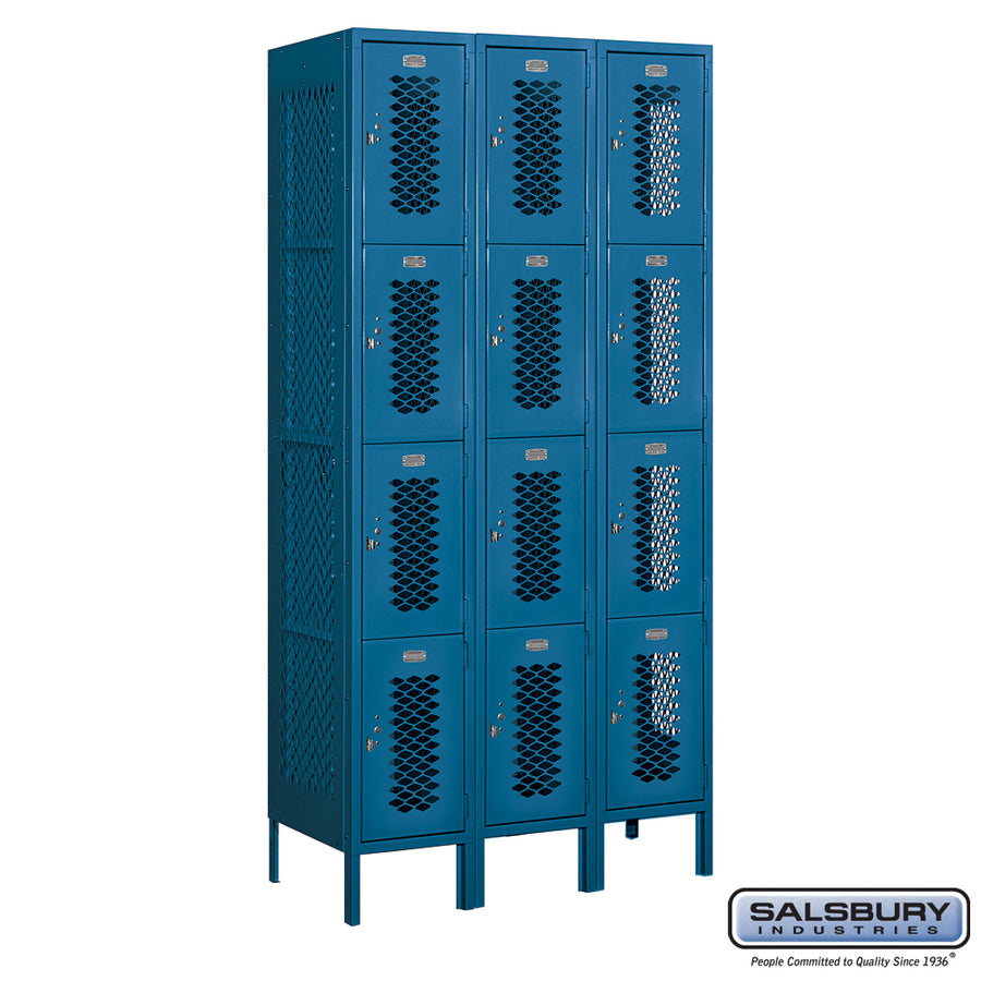 12" Wide Four Tier Vented Metal Locker - 3 Wide - 6 Feet High - 18 Inches Deep - Blue - Assembled