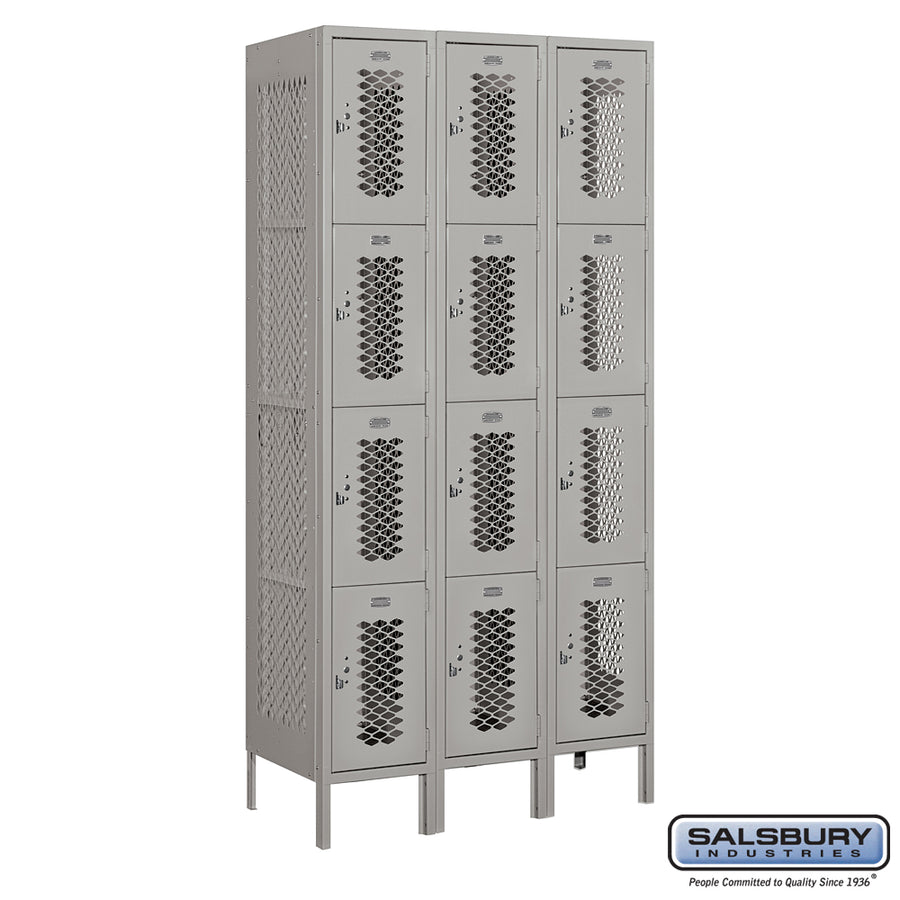 12" Wide Four Tier Vented Metal Locker - 3 Wide - 6 Feet High - 18 Inches Deep - Gray - Assembled