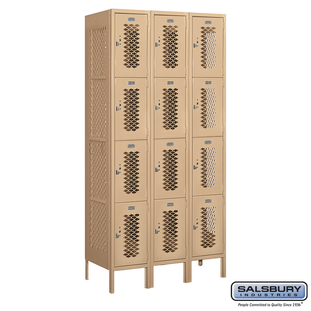 12" Wide Four Tier Vented Metal Locker - 3 Wide - 6 Feet High - 18 Inches Deep - Tan - Assembled