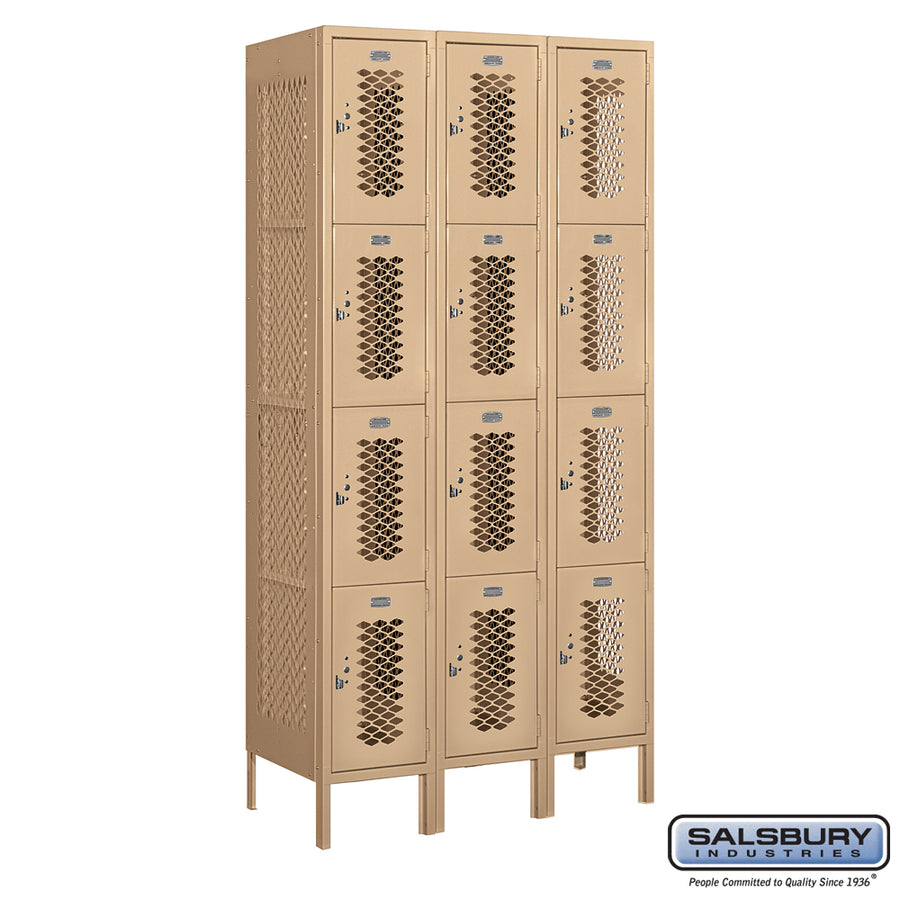 12" Wide Four Tier Vented Metal Locker - 3 Wide - 6 Feet High - 18 Inches Deep - Tan - Unassembled