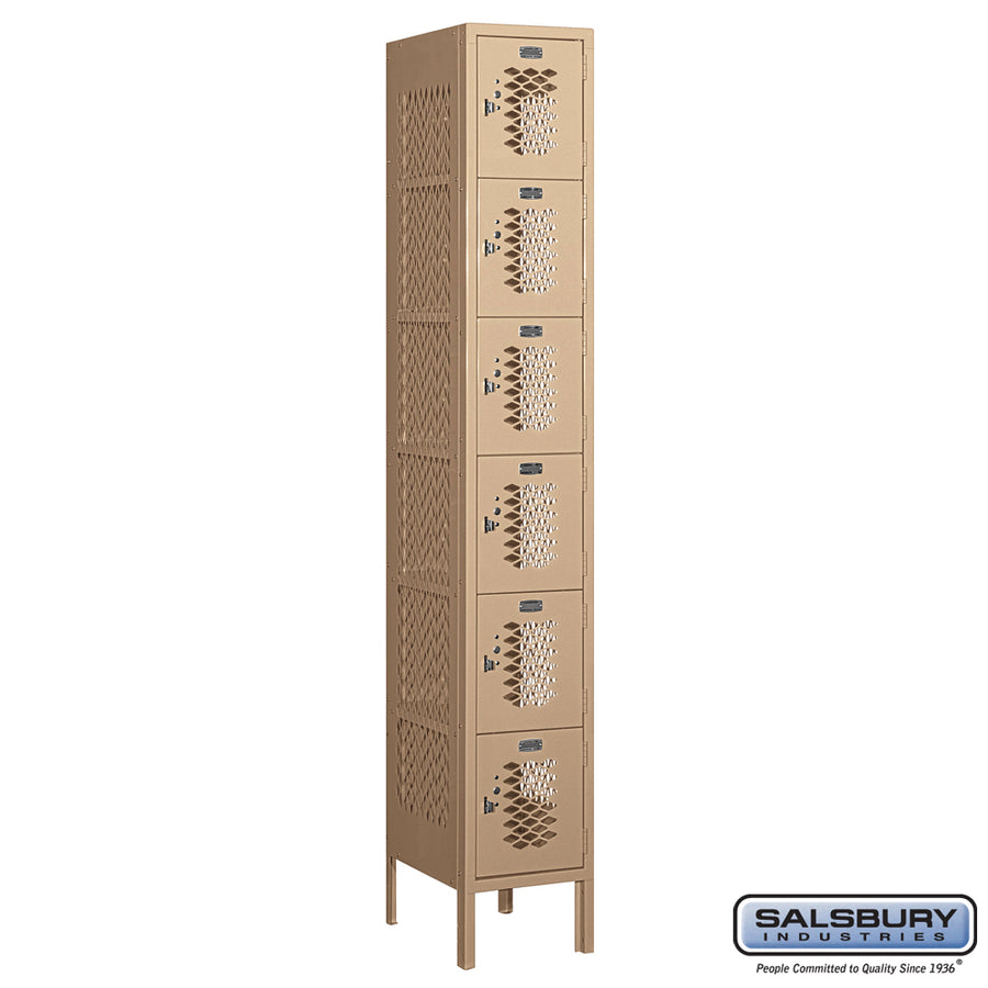 12" Wide Six Tier Box Style Vented Metal Locker - 1 Wide - 6 Feet High - 15 Inches Deep - Tan - Unassembled
