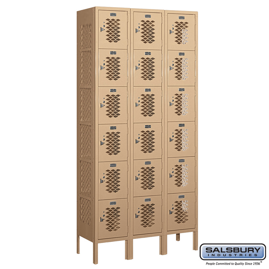 12" Wide Six Tier Box Style Vented Metal Locker - 3 Wide - 6 Feet High - 12 Inches Deep - Tan - Assembled