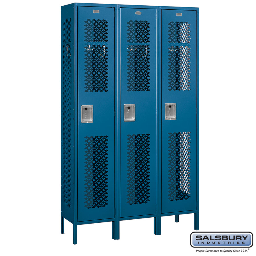 15" Wide Single Tier Vented Metal Locker - 3 Wide - 6 Feet High - 15 Inches Deep - Blue - Assembled