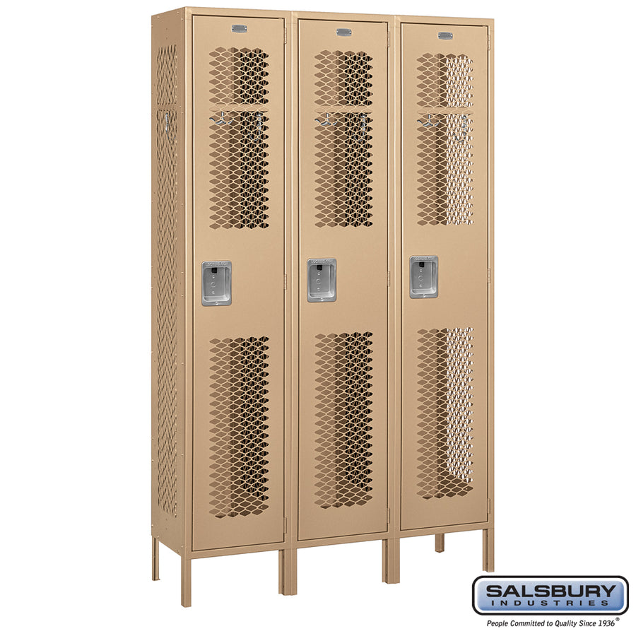 15" Wide Single Tier Vented Metal Locker - 3 Wide - 6 Feet High - 15 Inches Deep - Tan - Assembled