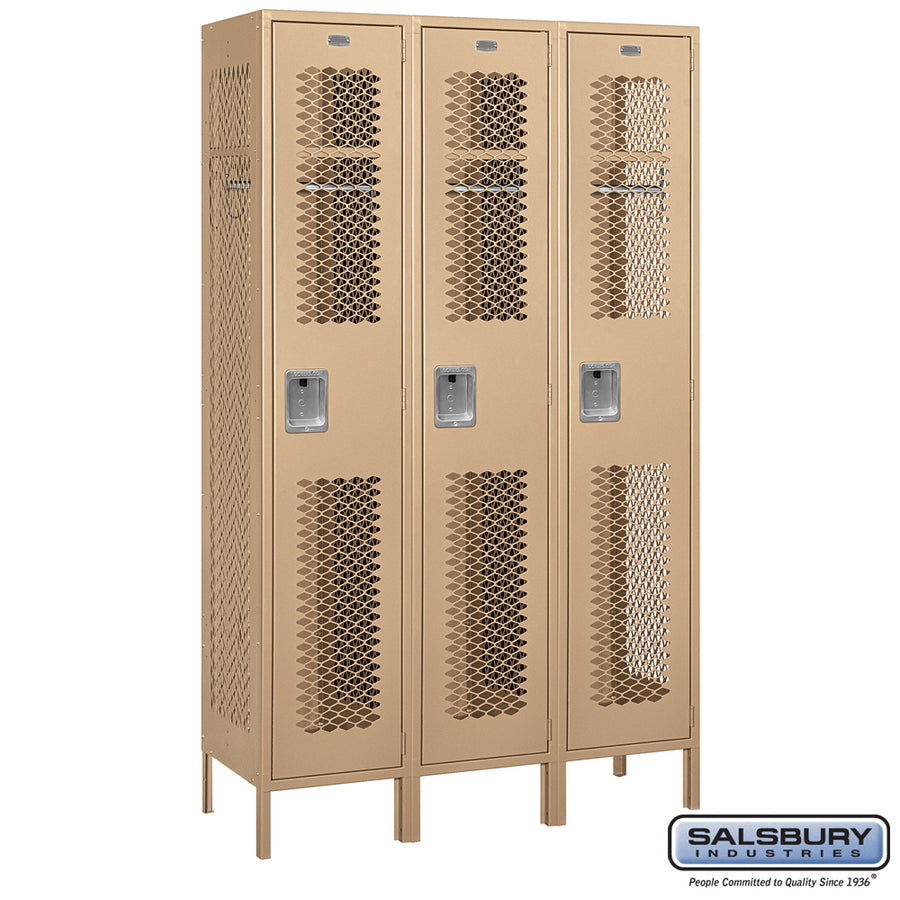 15" Wide Single Tier Vented Metal Locker - 3 Wide - 6 Feet High - 18 Inches Deep - Tan - Assembled