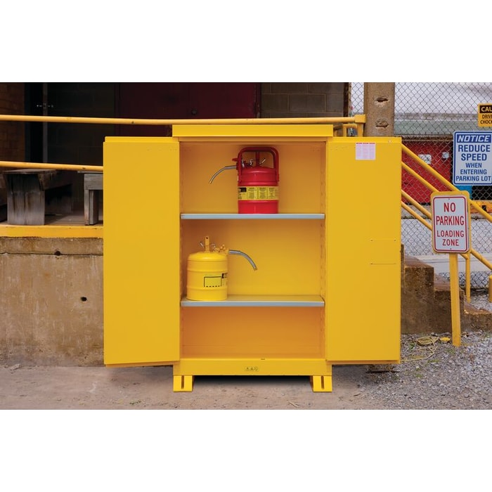 Outdoor Flammable Safety Cabinet, Cap. 45 gallons, 2 shelves, 2 m/c doors, Yellow