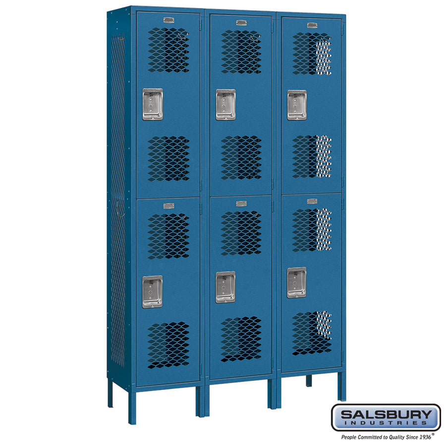 15" Wide Double Tier Vented Metal Locker - 3 Wide - 6 Feet High - 15 Inches Deep - Blue - Assembled