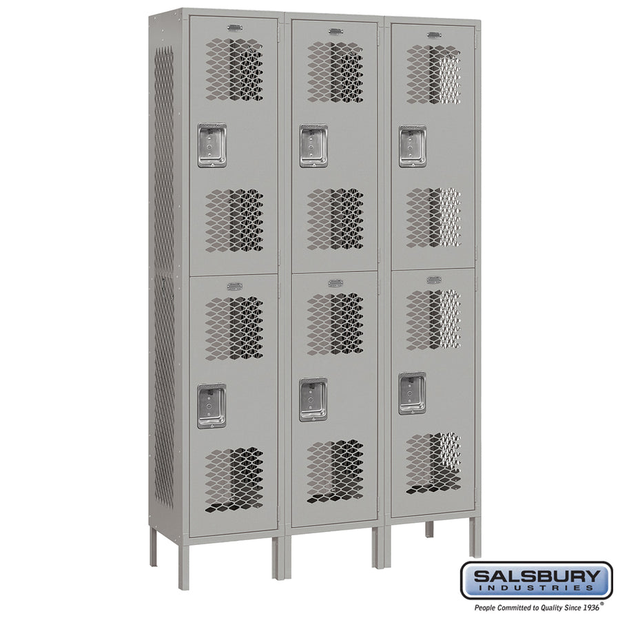 15" Wide Double Tier Vented Metal Locker - 3 Wide - 6 Feet High - 15 Inches Deep - Gray - Unassembled