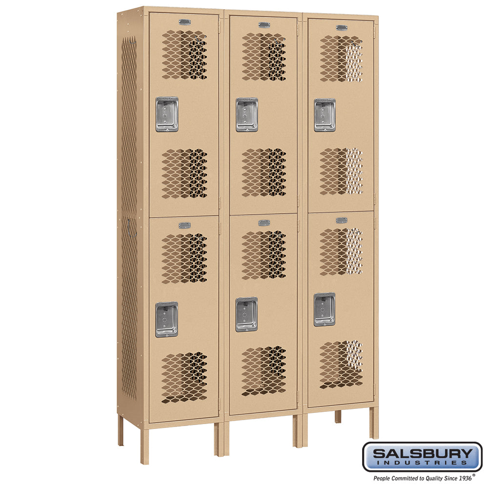 15" Wide Double Tier Vented Metal Locker - 3 Wide - 6 Feet High - 15 Inches Deep - Tan - Unassembled