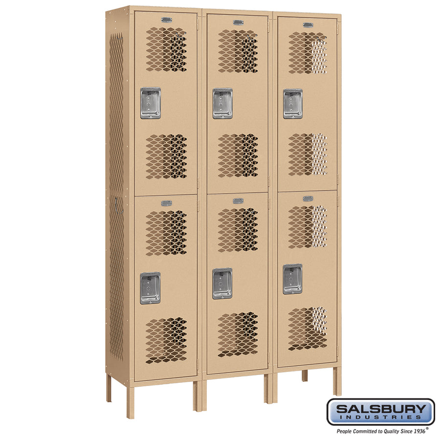 15" Wide Double Tier Vented Metal Locker - 3 Wide - 6 Feet High - 15 Inches Deep - Tan - Unassembled