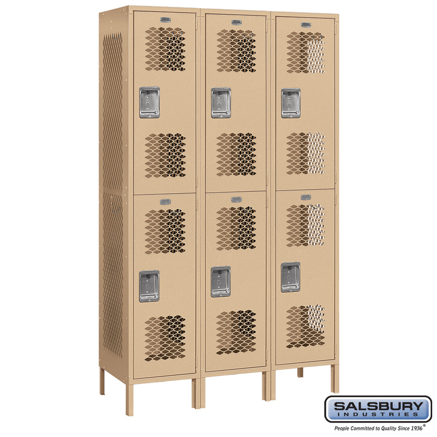 15" Wide Double Tier Vented Metal Locker - 3 Wide - 6 Feet High - 18 Inches Deep - Tan - Unassembled