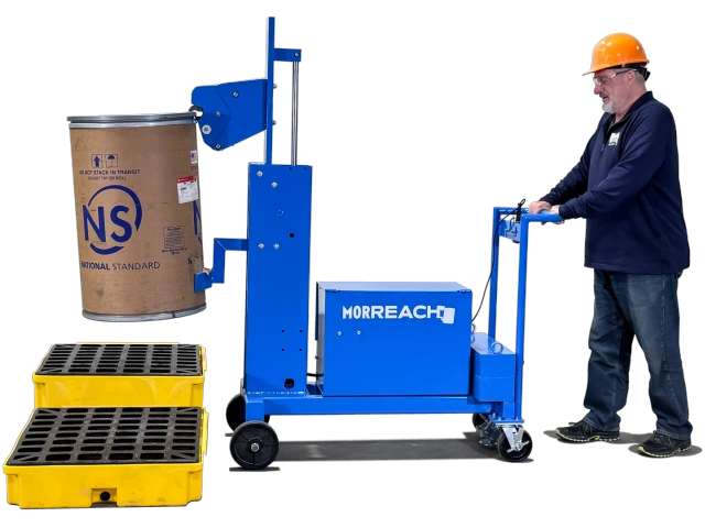 Extended Reach Drum Palletizer for RIMMED drum. Has 12V Battery Power lift to raise drum up to 19" (48.25 cm). 600 Lb. capacity.