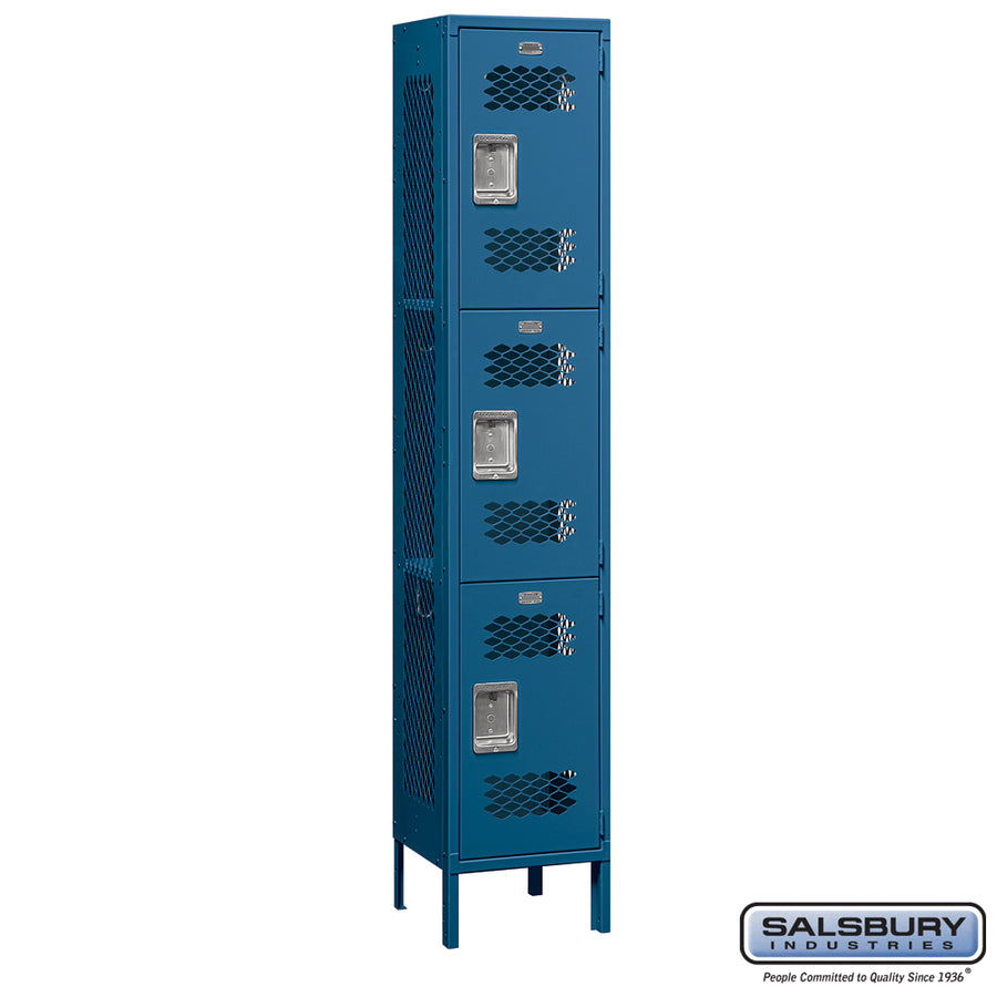 15" Wide Triple Tier Vented Metal Locker - 1 Wide - 6 Feet High - 15 Inches Deep - Blue - Assembled