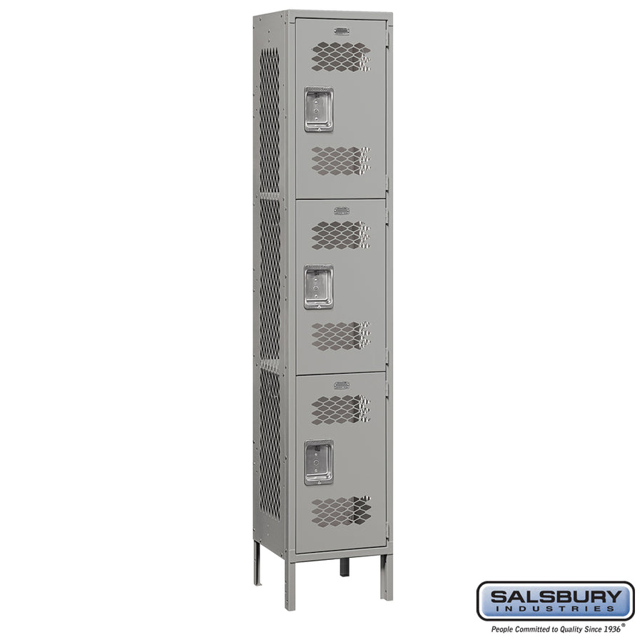 15" Wide Triple Tier Vented Metal Locker - 1 Wide - 6 Feet High - 15 Inches Deep - Gray - Assembled