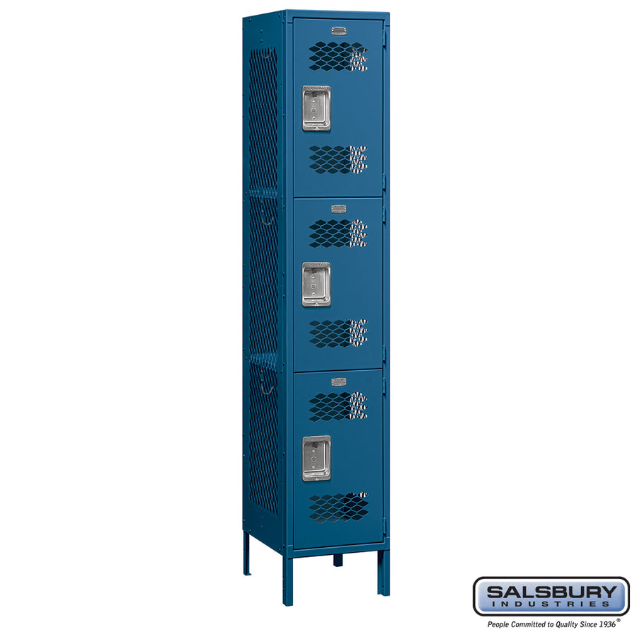 15" Wide Triple Tier Vented Metal Locker - 1 Wide - 6 Feet High - 18 Inches Deep - Blue - Assembled