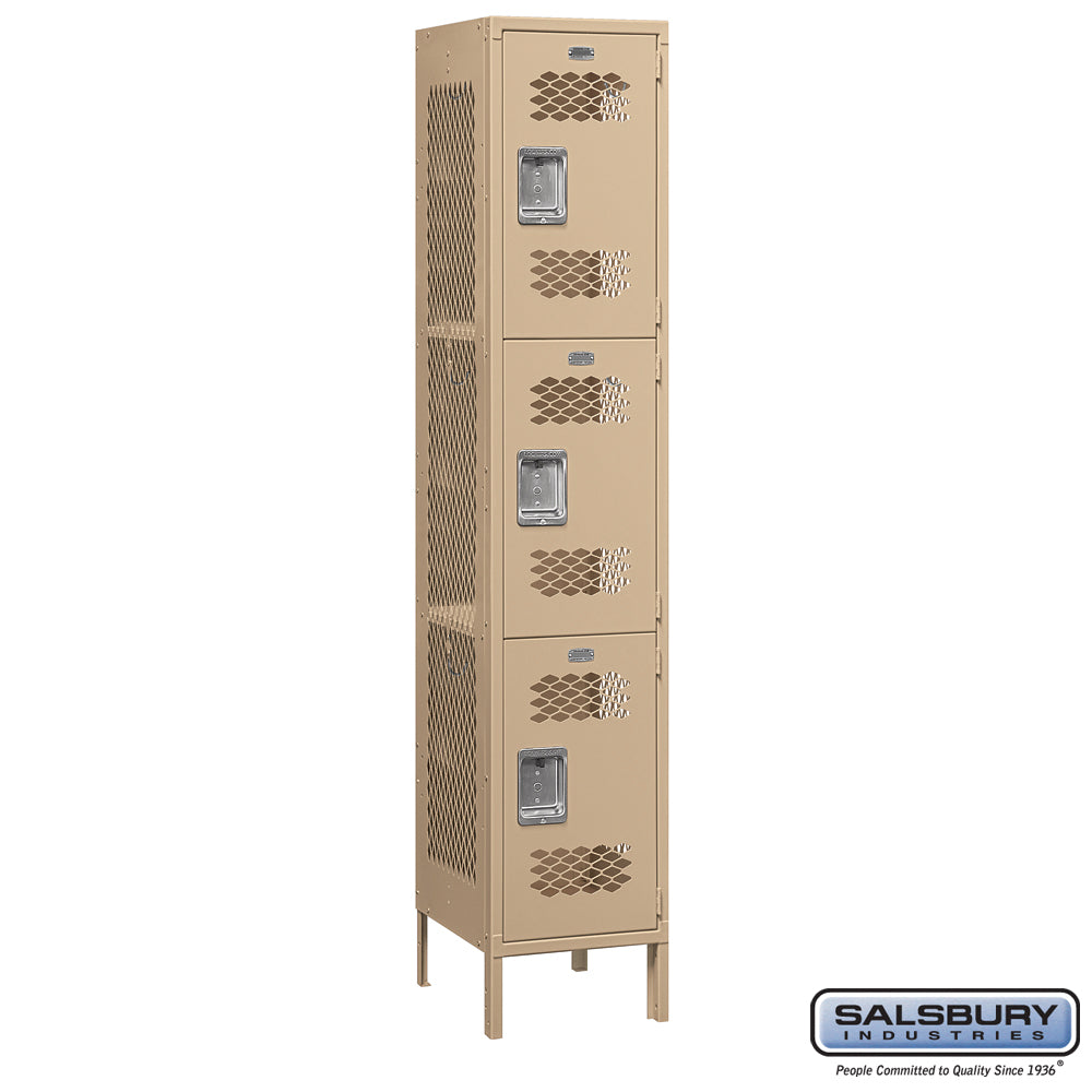 15" Wide Triple Tier Vented Metal Locker - 1 Wide - 6 Feet High - 18 Inches Deep - Tan - Unassembled
