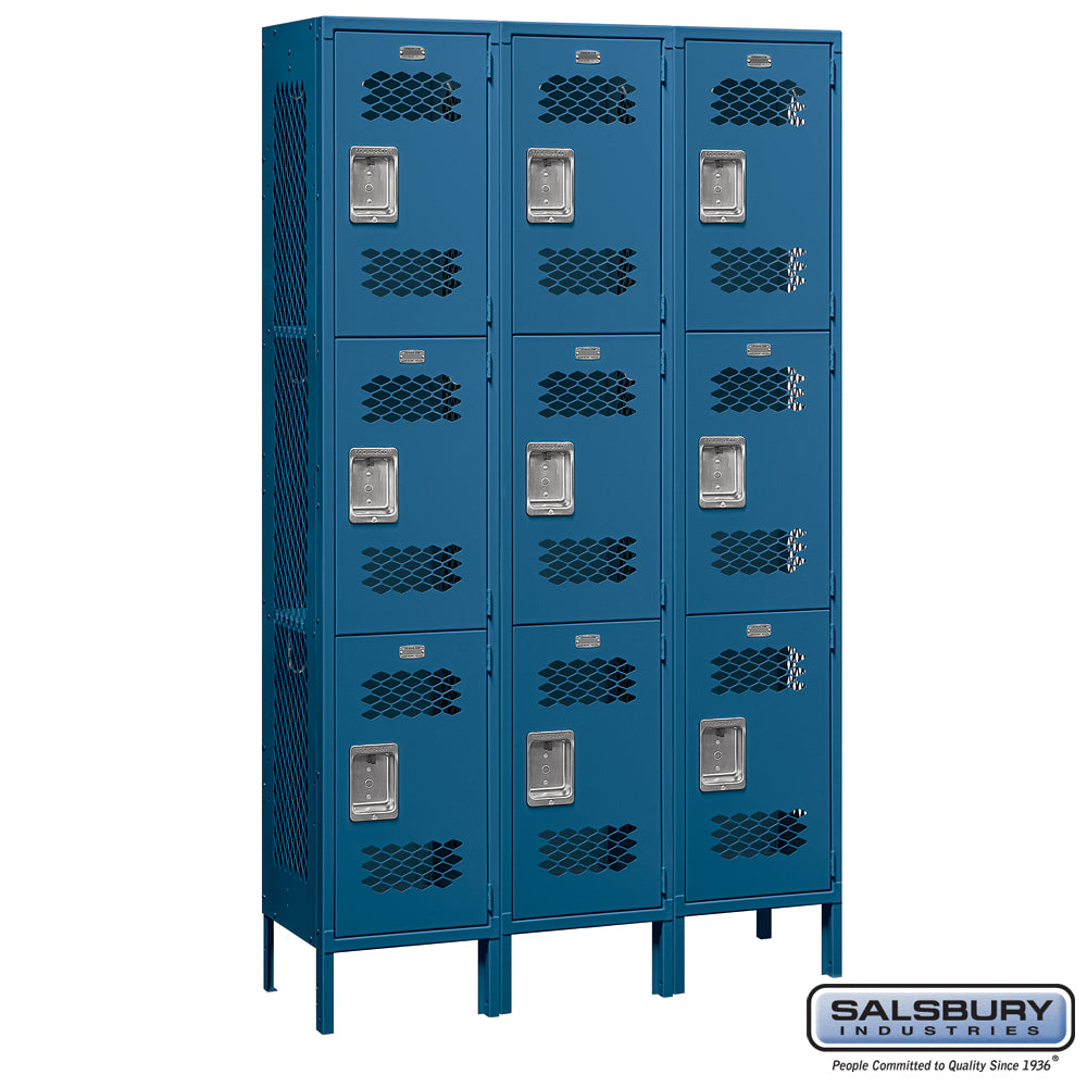 15" Wide Triple Tier Vented Metal Locker - 3 Wide - 6 Feet High - 15 Inches Deep - Blue - Assembled