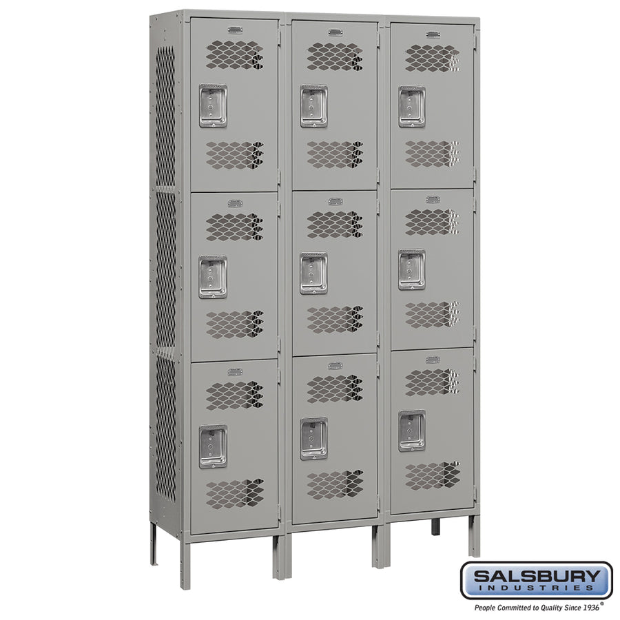 15" Wide Triple Tier Vented Metal Locker - 3 Wide - 6 Feet High - 15 Inches Deep - Gray - Assembled