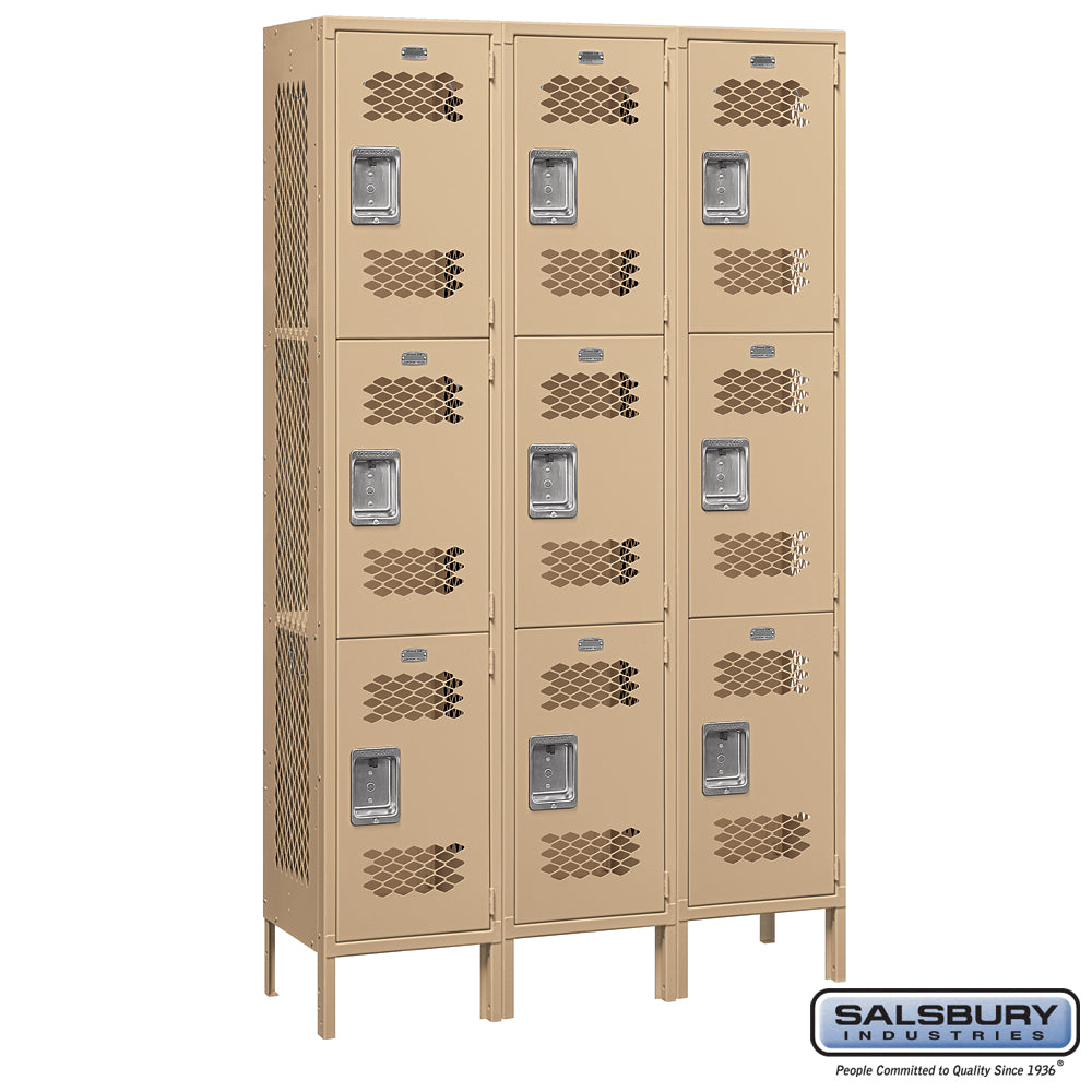15" Wide Triple Tier Vented Metal Locker - 3 Wide - 6 Feet High - 15 Inches Deep - Tan - Assembled