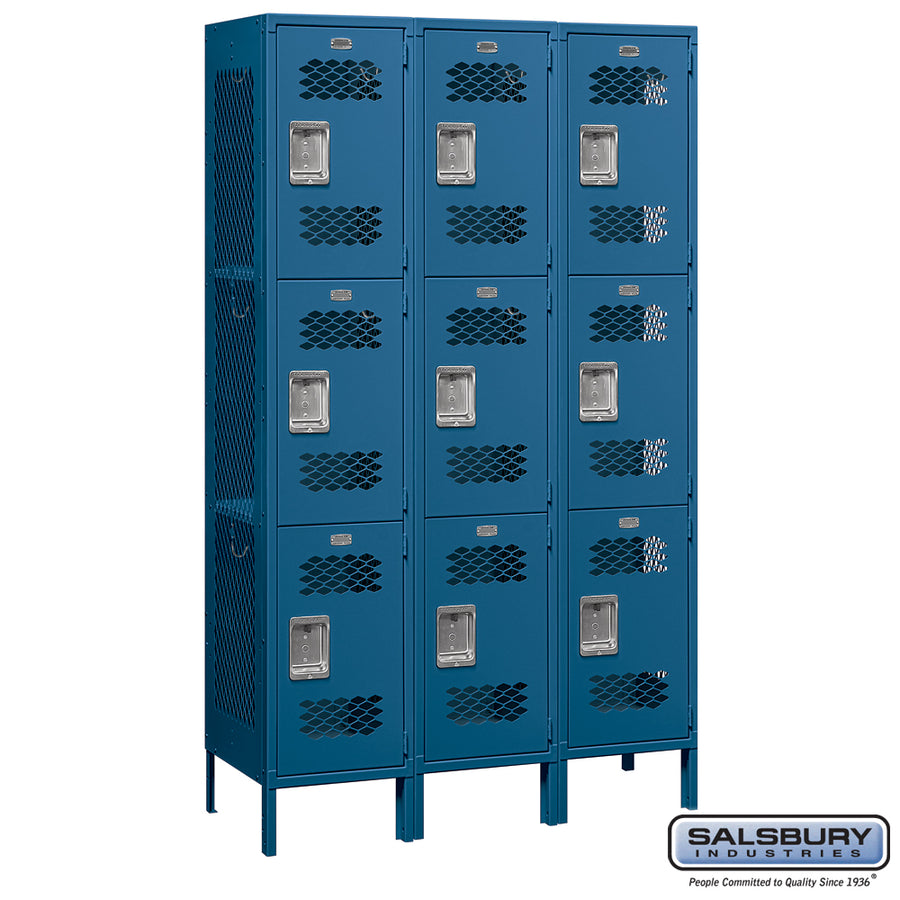 15" Wide Triple Tier Vented Metal Locker - 3 Wide - 6 Feet High - 18 Inches Deep - Blue - Assembled