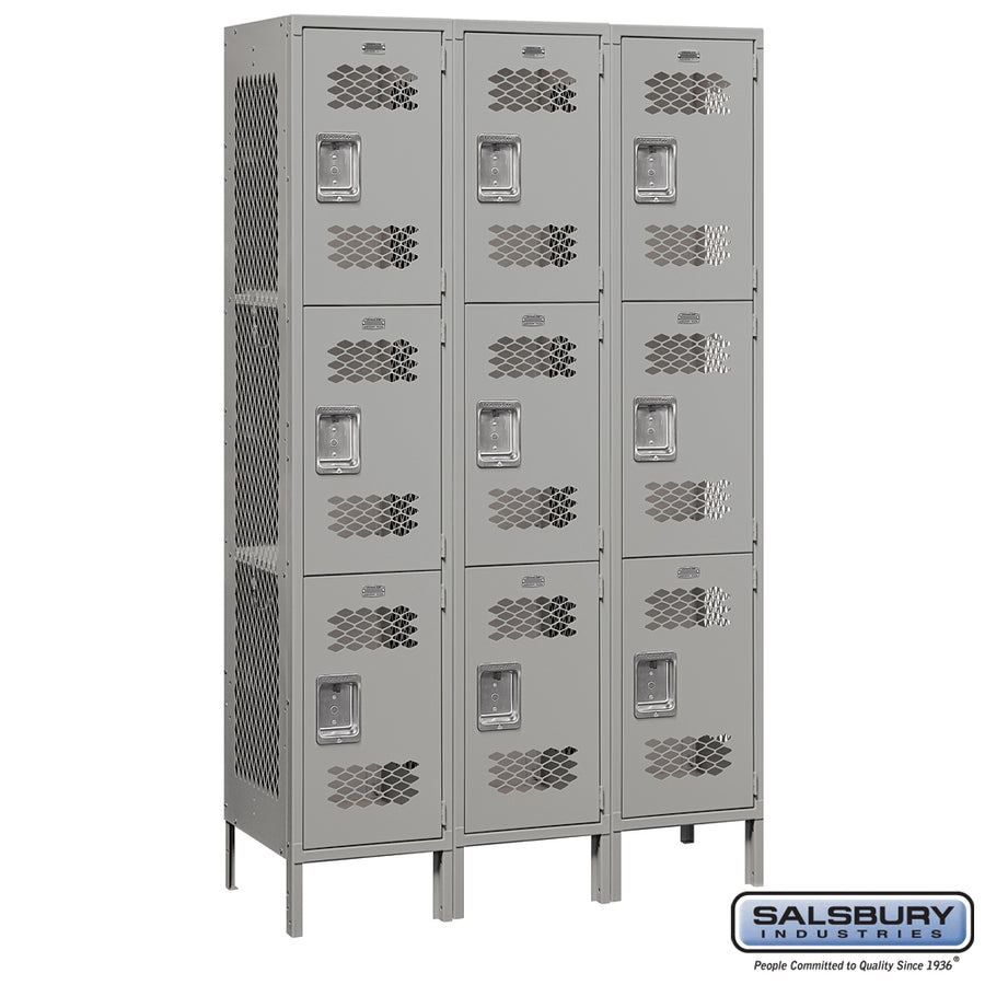 15" Wide Triple Tier Vented Metal Locker - 3 Wide - 6 Feet High - 18 Inches Deep - Gray - Unassembled