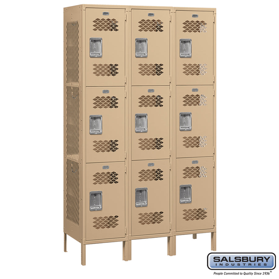 15" Wide Triple Tier Vented Metal Locker - 3 Wide - 6 Feet High - 18 Inches Deep - Tan - Assembled