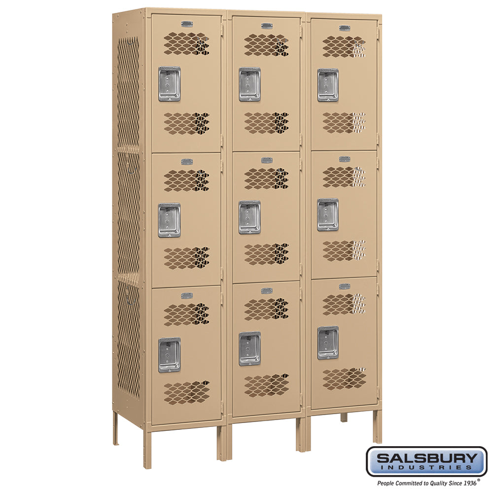 15" Wide Triple Tier Vented Metal Locker - 3 Wide - 6 Feet High - 18 Inches Deep - Tan - Unassembled