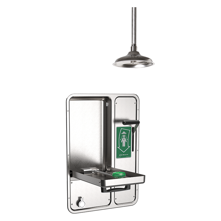 Barrier-Free Ceiling-Mounted Shower and Recessed Eye/Face Wash w/Drain Pan and Daylight Drain