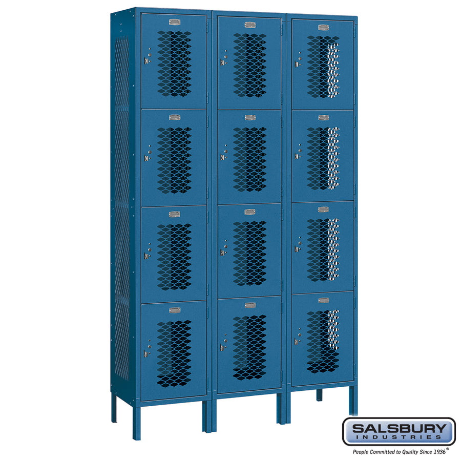 15" Wide Four Tier Vented Metal Locker - 3 Wide - 6 Feet High - 15 Inches Deep - Blue - Unassembled
