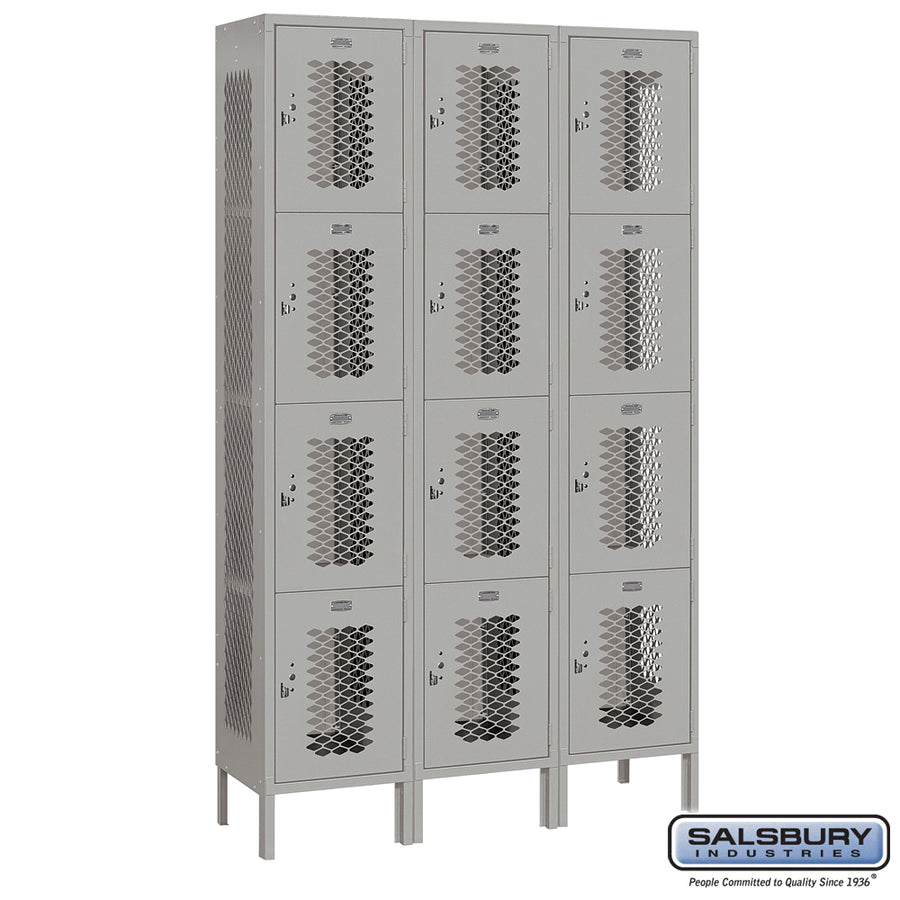 15" Wide Four Tier Vented Metal Locker - 3 Wide - 6 Feet High - 15 Inches Deep - Gray - Assembled