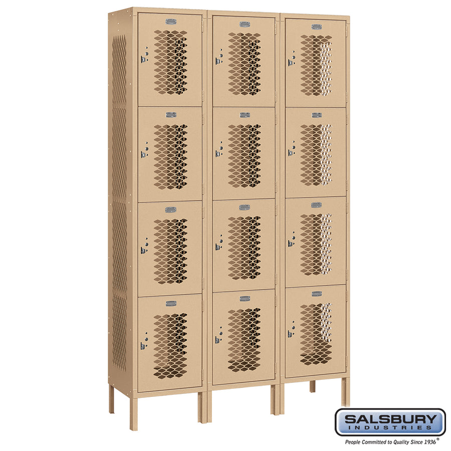15" Wide Four Tier Vented Metal Locker - 3 Wide - 6 Feet High - 15 Inches Deep - Tan - Unassembled