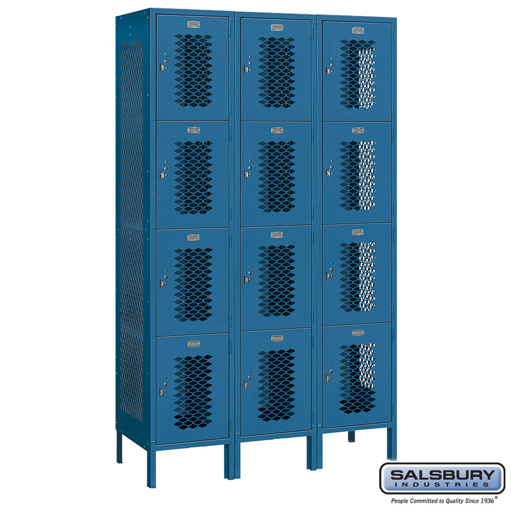 15" Wide Four Tier Vented Metal Locker - 3 Wide - 6 Feet High - 18 Inches Deep - Blue - Unassembled