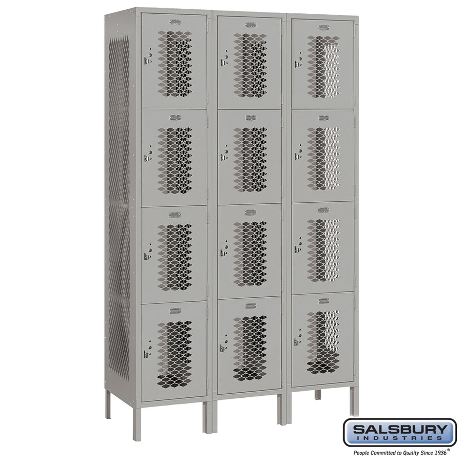 15" Wide Four Tier Vented Metal Locker - 3 Wide - 6 Feet High - 18 Inches Deep - Gray - Unassembled