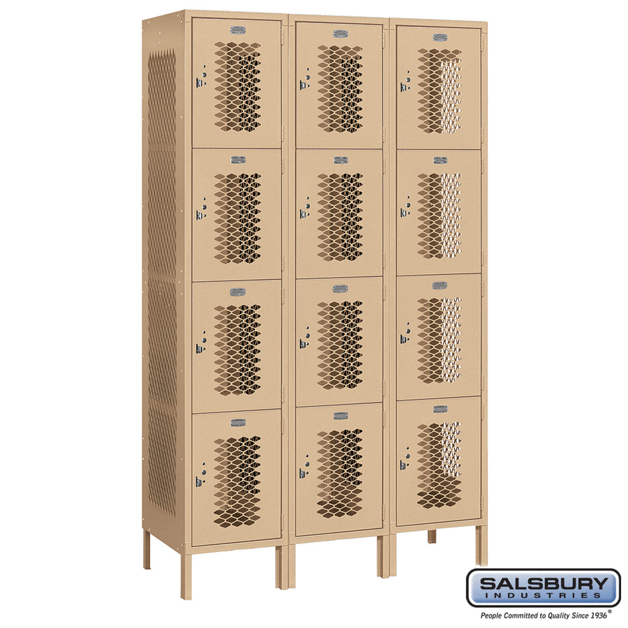 15" Wide Four Tier Vented Metal Locker - 3 Wide - 6 Feet High - 18 Inches Deep - Tan - Assembled
