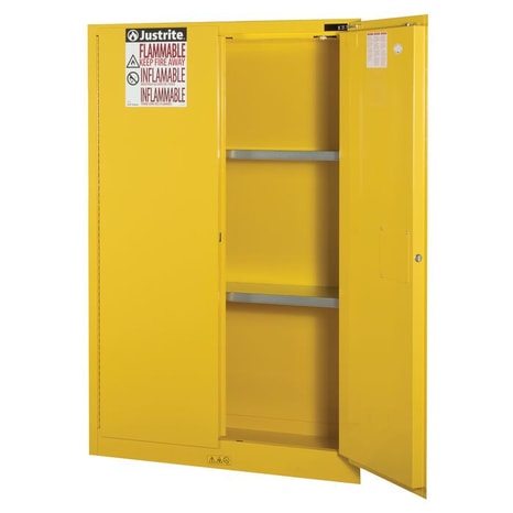 Justrite 45 Gallon, 2 Shelves, 2 Doors, Self-Close, Flammable Cabinet, Sure-Grip® EX, Yellow - 894520
