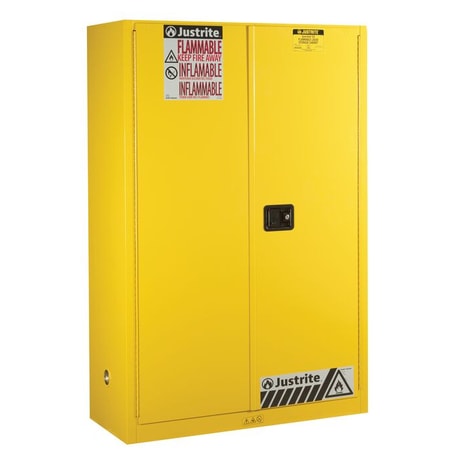 Justrite 45 Gallon, 2 Shelves, 2 Doors, Self-Close, Flammable Cabinet, Sure-Grip® EX, Yellow - 894520