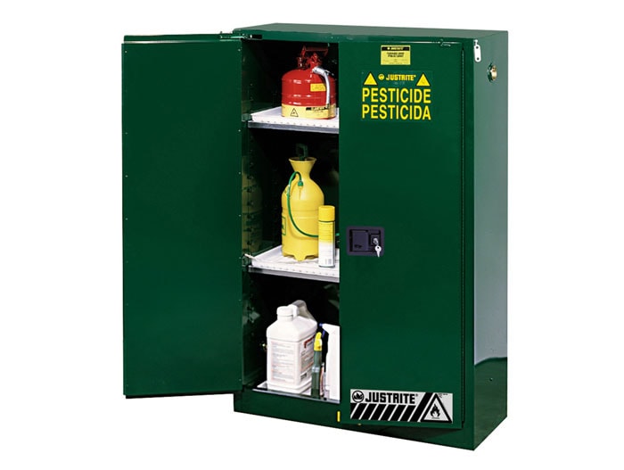 Justrite 45-Gallon, 2 Shelves, 2 Doors, Self-Close, Pesticides Safety Cabinet, Sure-Grip® EX, Green
