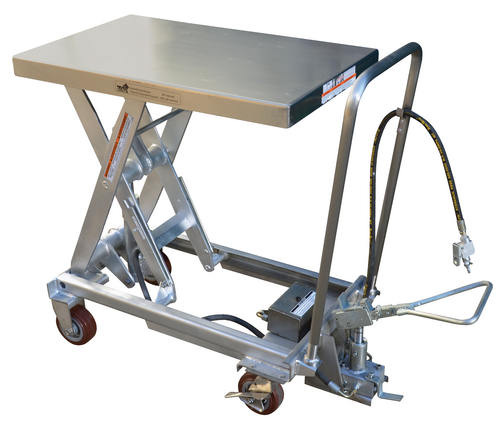Partially Stainless Steel Air/Hydraulic Scissor Lift Cart 32-1/2 In. x 20 In. Platform With Poly-On-Poly Casters 1,000 Lb. Capacity Silver