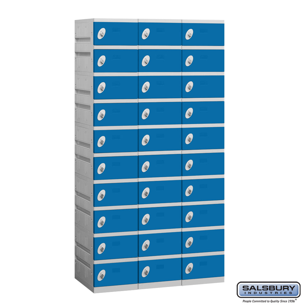 12" Wide Ten Tier Plastic Locker - 3 Wide - 6 Feet High - 18 Inches Deep - Blue - Assembled