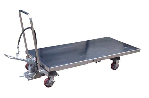 Partially Stainless Steel Air/Hydraulic Light Duty Scissor Lift Cart 63 In. x 31-1/2 In. Platform With Poly-On-Poly Casters 1,000 Lb. Capacity Silver