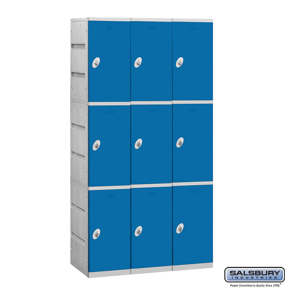 12" Wide Triple Tier Plastic Locker - 3 Wide - 6 Feet High - 18 Inches Deep - Blue - Unassembled