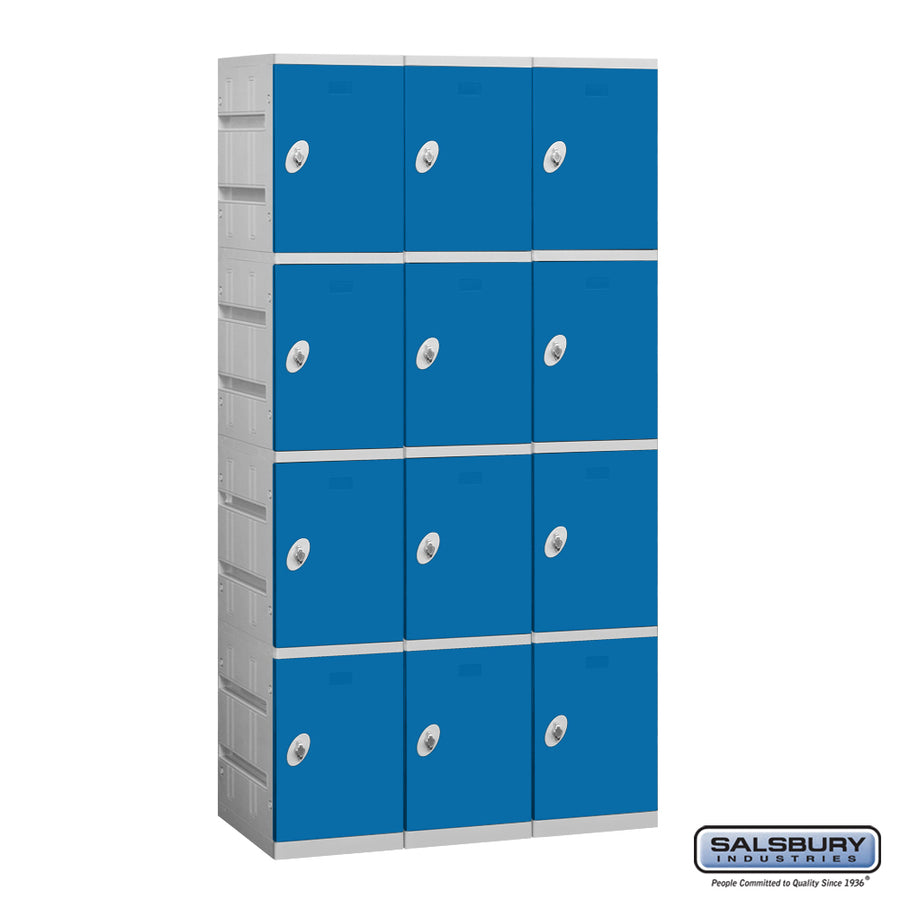 12" Wide Four Tier Plastic Locker - 3 Wide - 6 Feet High - 18 Inches Deep - Blue - Assembled