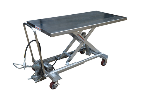 Partially Stainless Steel Air/Hydraulic Light Duty Scissor Lift Cart 63 In. x 31-1/2 In. Platform With Poly-On-Poly Casters 1,000 Lb. Capacity Silver