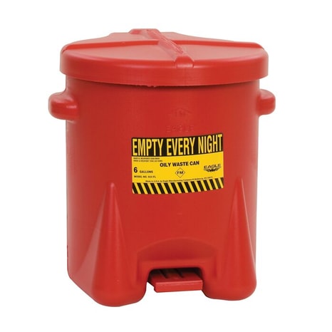 Eagle 6-Gallon Plastic Oily Waste Can, Hands-Free, Self Close, Red - 933FL