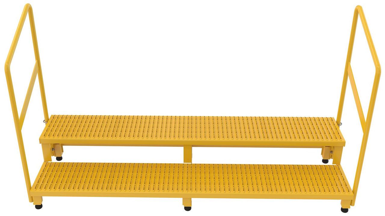 Steel Adjustable Step Stand 72 inch Wide 2-Step with Handrails 500 Lb. Capacity Yellow