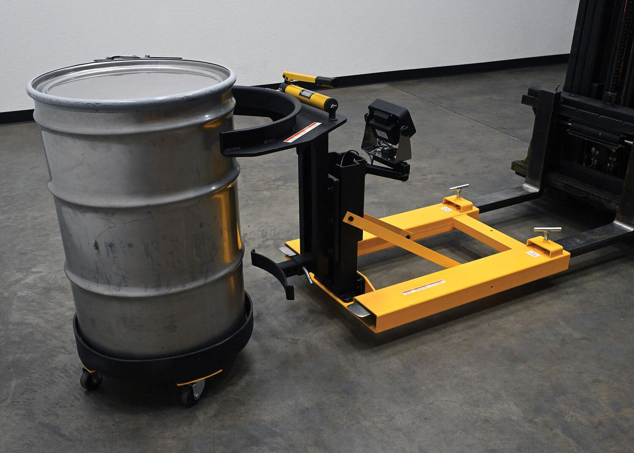 Steel Fork Mounted Poly/Steel 55 Gallon Drum Gripper 65-1/8 In.x 31 In. x 32-1/2 In. With LED Scale 700 Lb. Capacity Yellow/Black