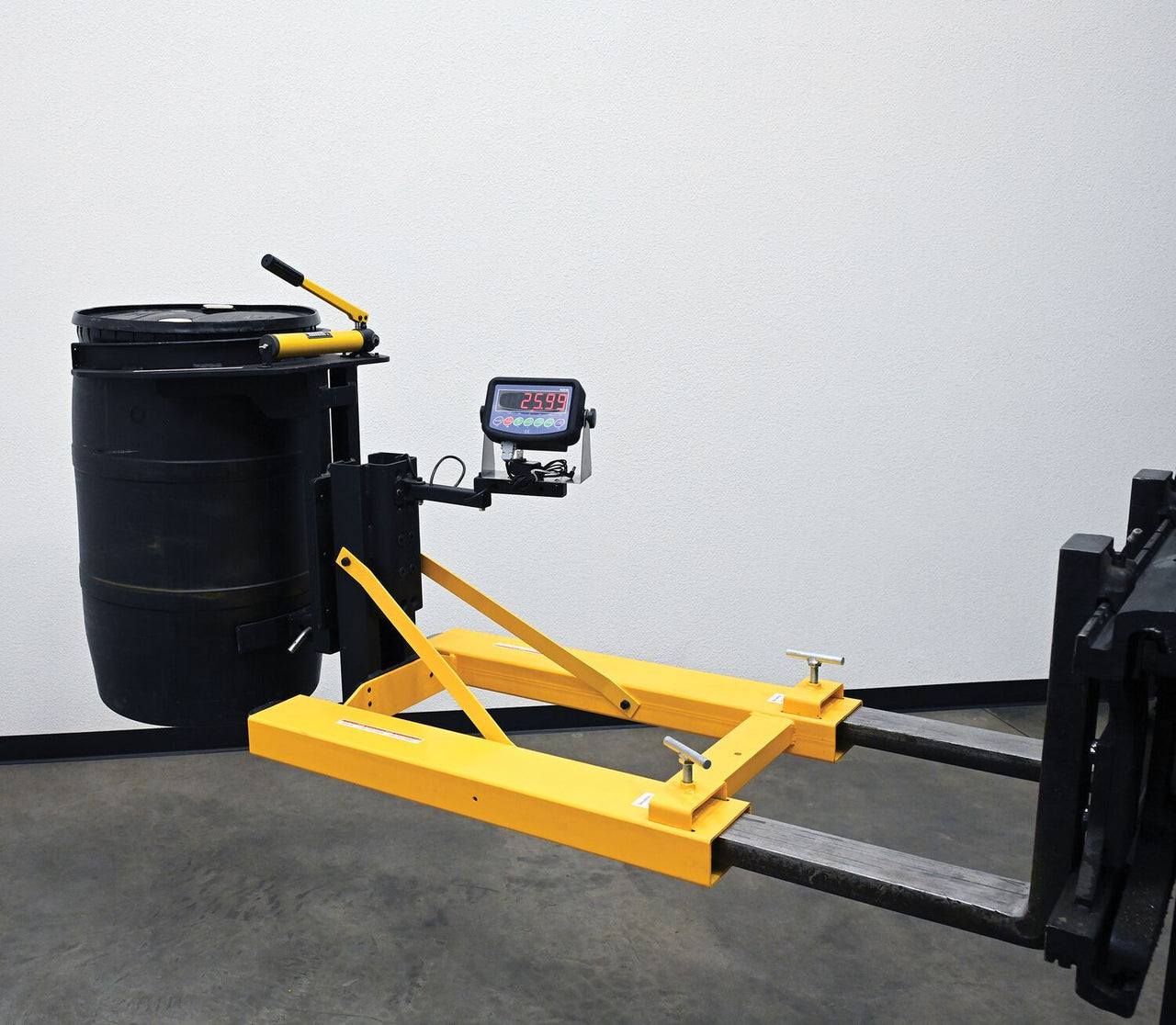 Steel Fork Mounted Poly/Steel 55 Gallon Drum Gripper 65-1/8 In.x 31 In. x 32-1/2 In. With LED Scale 700 Lb. Capacity Yellow/Black