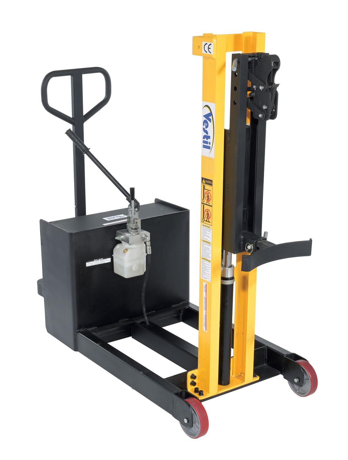 Steel Manual Drive Manual Lift Counter Balanced Drum Stacker 12V 52 In. x 26 In. x 58 In. 700 Lb. Capacity Yellow