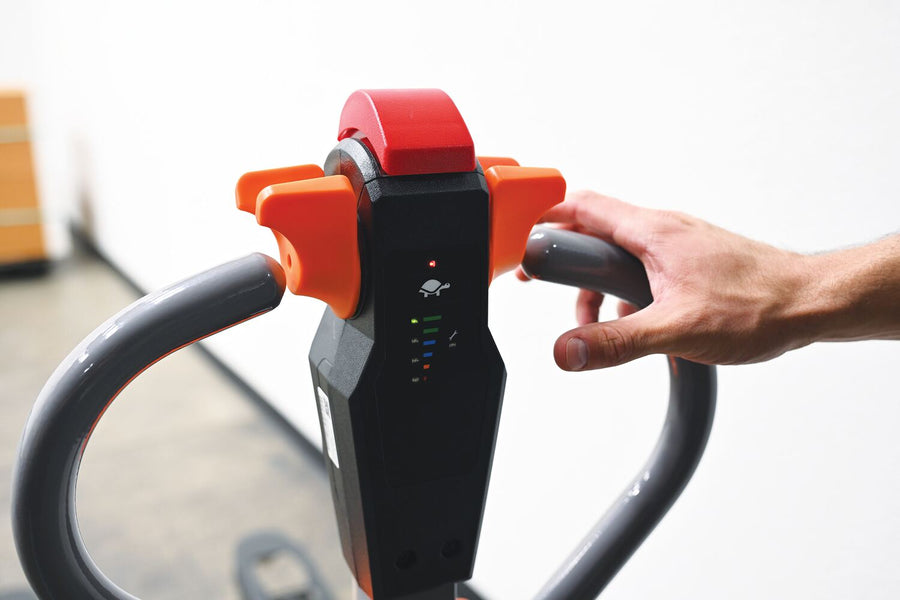 Vestil Steel Electric Pallet Truck With Powered Brakes 27 In. x 45 In. 3,300 Lb. Capacity Black/Red